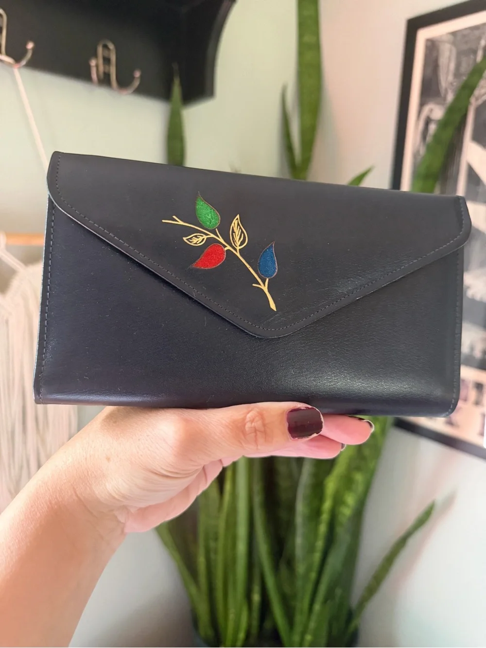 VTG 70s Princess Gardner Navy Leather Wallet with Suede Leaf Accent